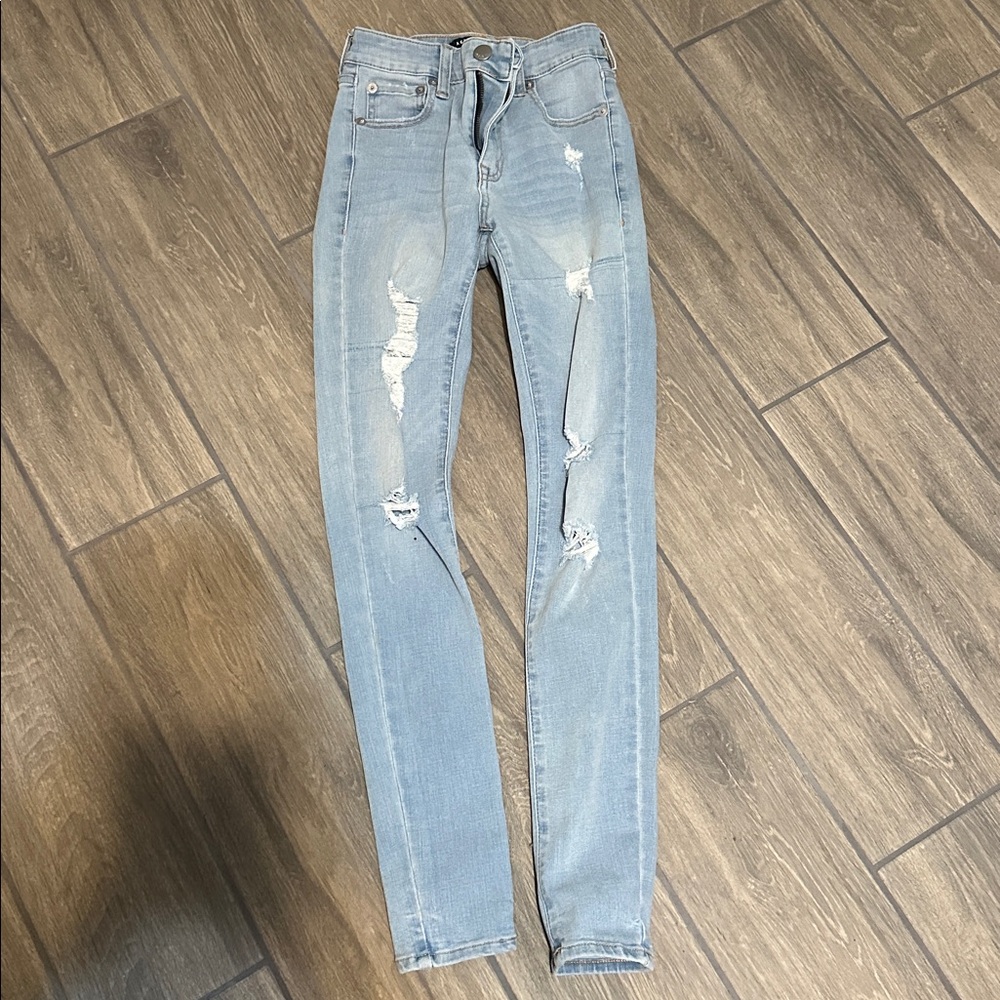 Aeropostale high rise jeggings. Distressed denim. Size 0 reg. Light blue